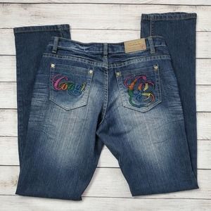 COOGI jeans, dark wash, rainbow pocket logos